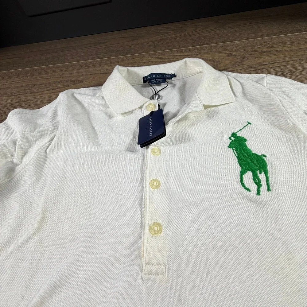 Ralph Lauren Kids Big Pony Mesh Polo Shirt White Green Long Sleeve Size L NWT